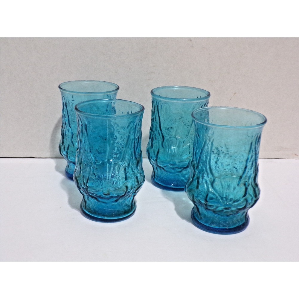 Anchor Hocking Embossed Rainflower Laser Aqua 4oz Juice Glasses Set of 4 Vintage